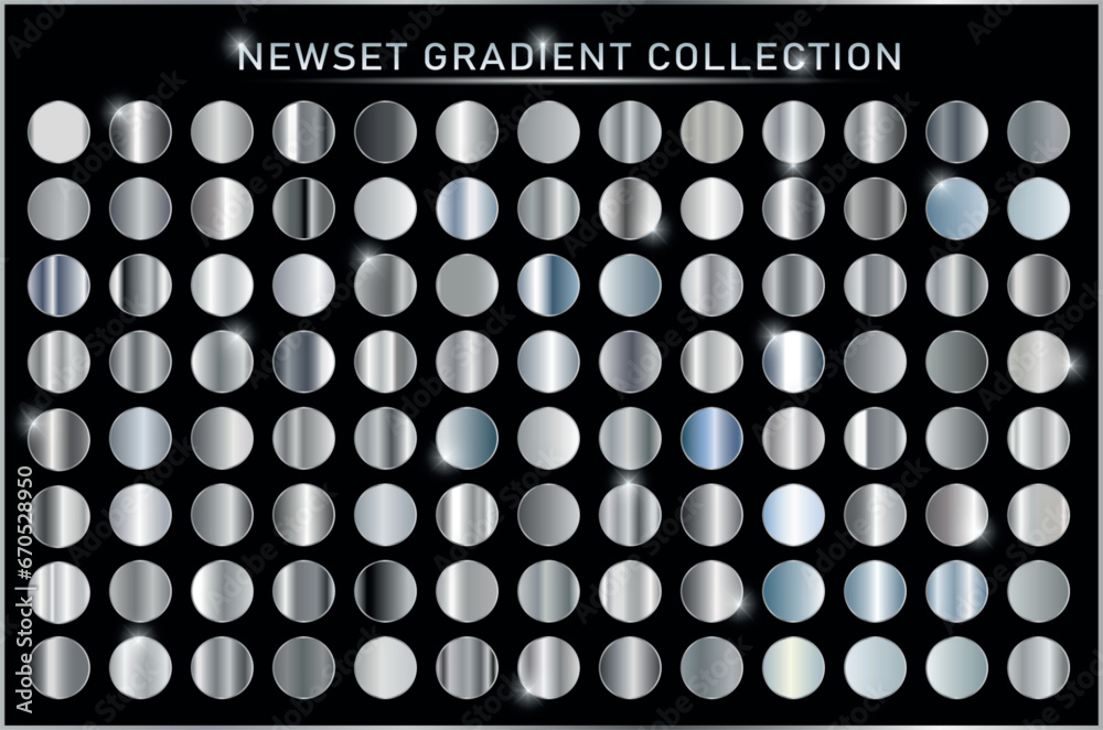 Silver foil texture set background. Vector shiny and metal steel gradient collection for chrome border, iron frame, ribbon or label design Silver foil texture set background. Vector shiny and metal steel gradient collection for chrome border, iron frame, ribbon or label design