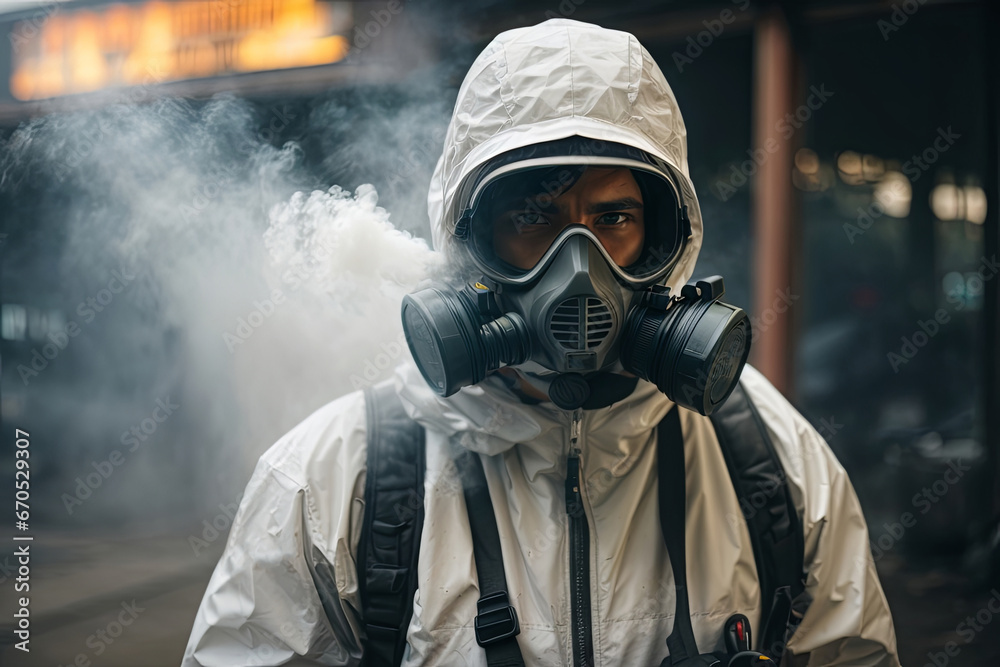 A guy from the pest control service in a mask and a white protective suit sprays poisonous gas