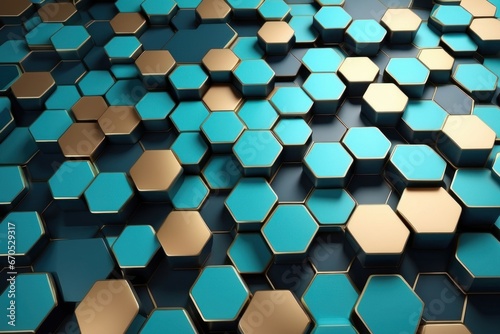 Abstract futuristic luxurious digital geometric technology hexagon background banner illustration 3d - Gold turquoise blue hexagonal 3d shape texture wall 