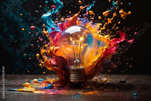 Creative light bulb explodes with colorful paint and splashes on a dark background. Think differently creative