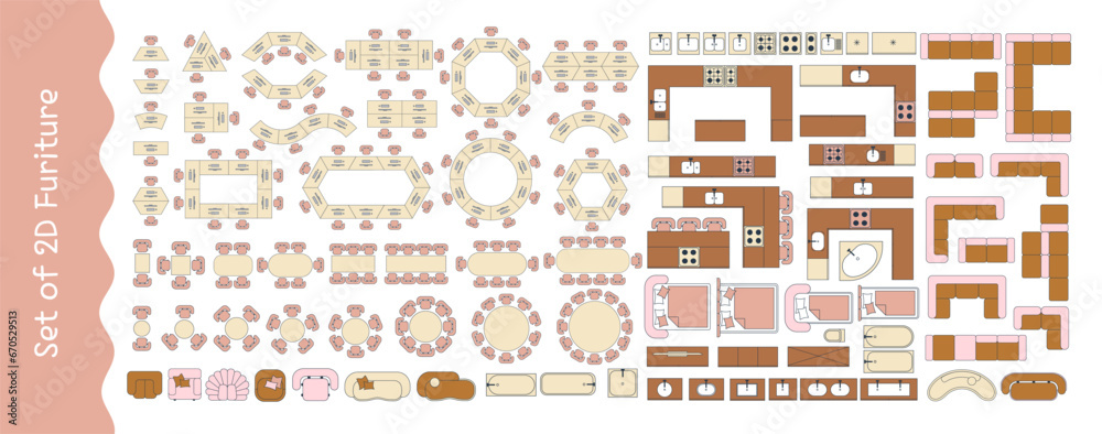 Furniture for the floor plan. Top view tables, beds, chairs, sofas