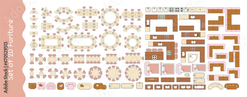 Furniture for the floor plan. Top view tables, beds, chairs, sofas, wardrobes, kitchen furniture, etc. Perfect for interior mood boards and planning sketches. Architectural.