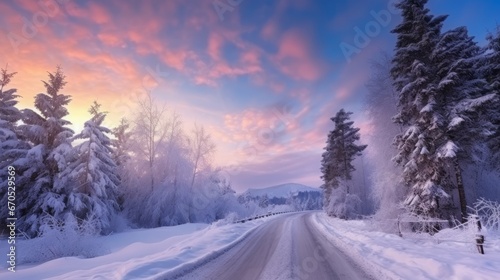 Snow-Covered Trees Embracing Colorful Sunrise with Milky Way's Glow © Petal Palette