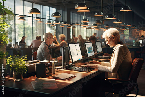 Busy smart older senior professional business man wearing spectacles using laptop sitting in corporate office at desk. Middle aged old adult concentrated businessman working online typing on computer.