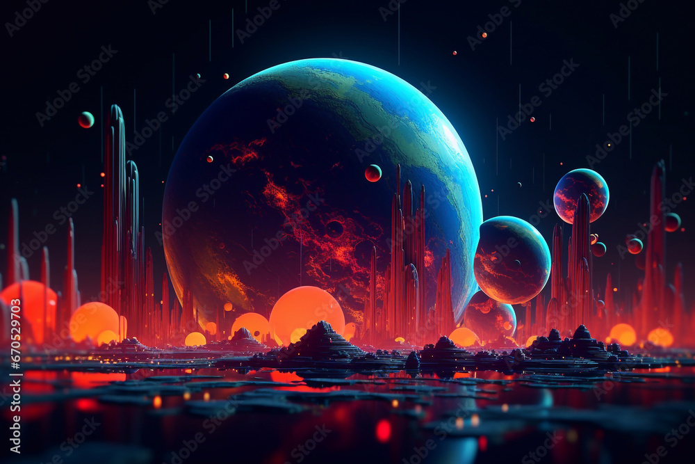  Neon planets of space. Fantastic space. Planets of the solar system. - obrazy, fototapety, plakaty 