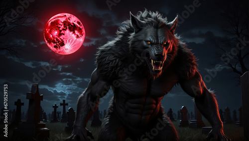 Obraz na plátně A werewolf in a cemetery at night with the blood moon in the background
