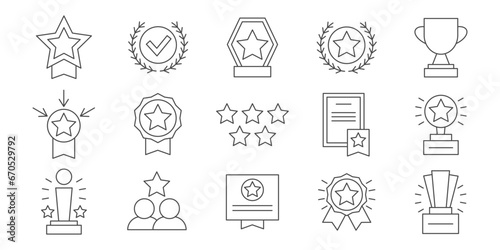 Set with award, award, trophy cup, trophy star, user with rating, certificate, 5 stars vector line icon 