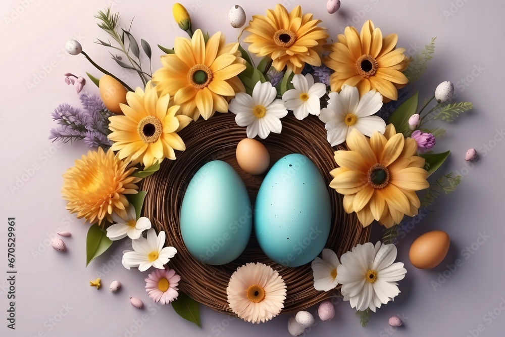 Realistic Easter greeting card, banner with flowers, Easter eggs and and flowers with copy space. Generative Ai. Realistic Easter greeting card, banner with flowers, Easter eggs and and flowers with copy space. Generative Ai.