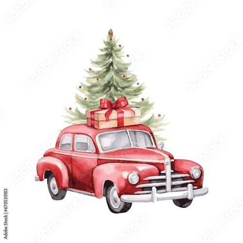 Red retro car with gift box and christmas tree on top and snow watercolor paint for holiday greeting card design