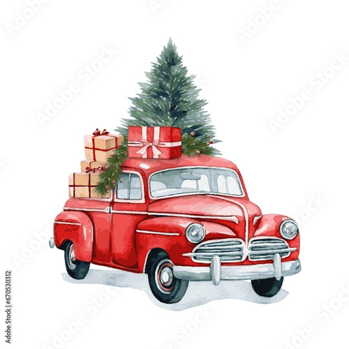 Red retro car with gift box and christmas tree on top and snow watercolor paint for holiday greeting card design
