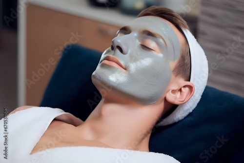 man doing treatment with facial mask in beauty spa salon