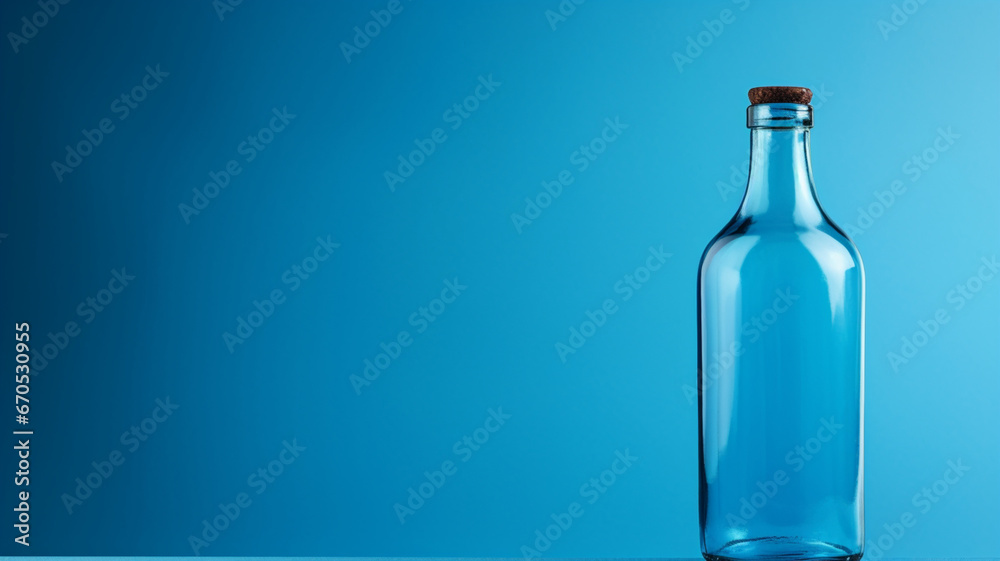 Empty Glass Bottle on Blue Background Generative AI Empty Glass Bottle on Blue Background Generative AI