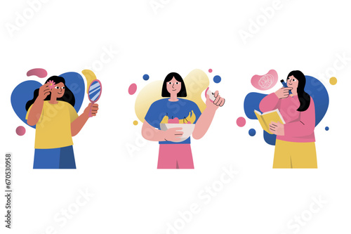 Set concept Mental health with people scene in the flat cartoon design. A girl eats properly and develops herself, because this is important for health. Vector illustration.
