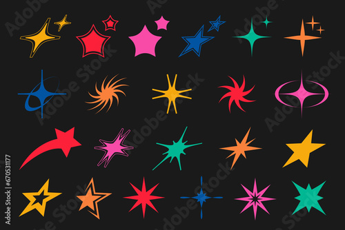 Set of colorful geometric star shapes in trendy retro style. Trendy Y2K vector signs for banners, social media, poster design. Brutalist geometric shapes 