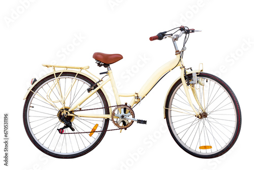 Side view dicut of Old vintage yellow bicycle isolated on transparent background with clipping path include, Classic City Bike, Retro styled image century bicycle, PNG File format photo