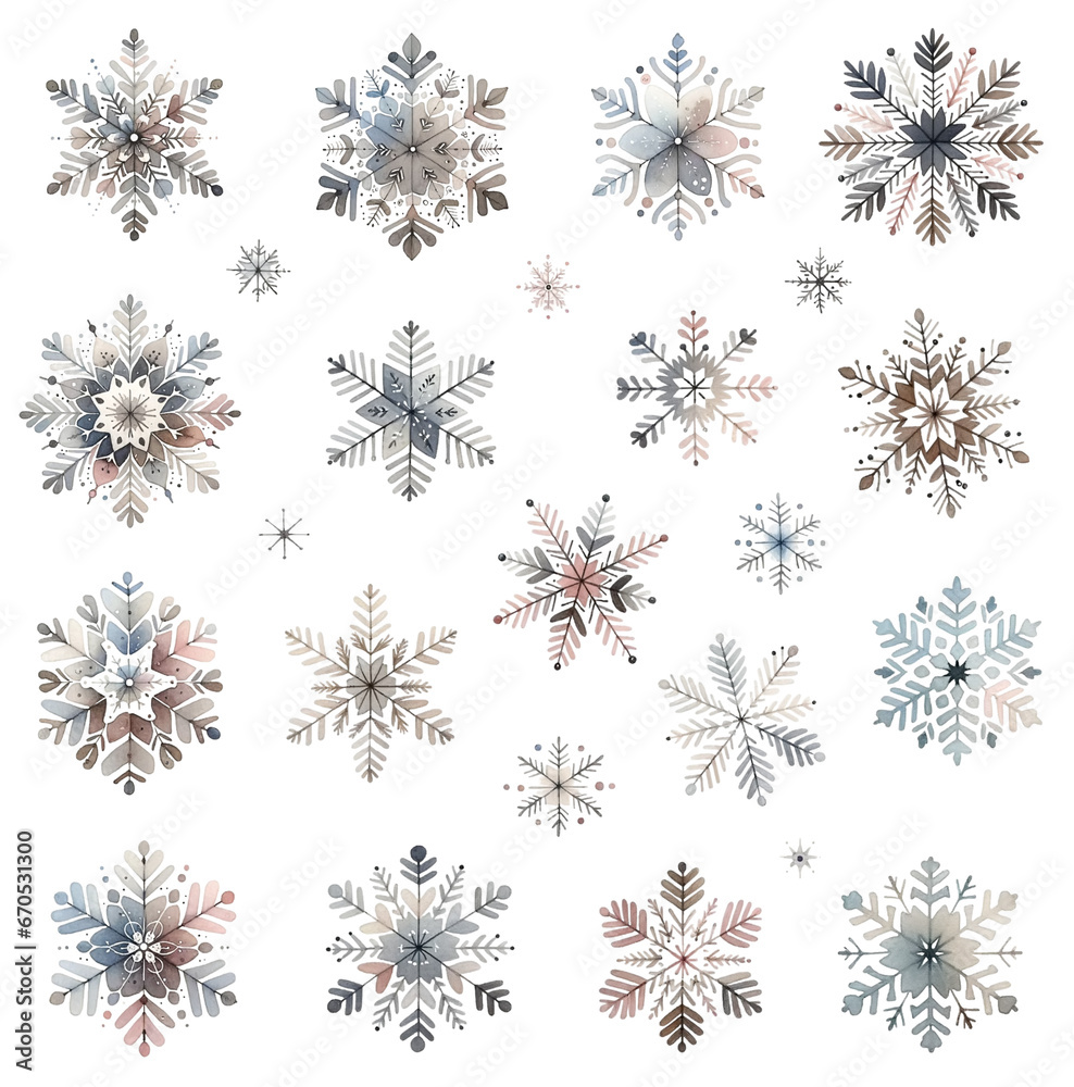 Set of elegant watercolor snowflakes in soft hues isolated on white background. Set of elegant watercolor snowflakes in soft hues isolated on white background.