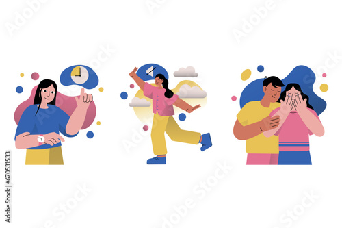 Set concept Mental health with people scene in the flat cartoon style. Young people set aside time for themselves to regain their strength and emotions. Vector illustration.