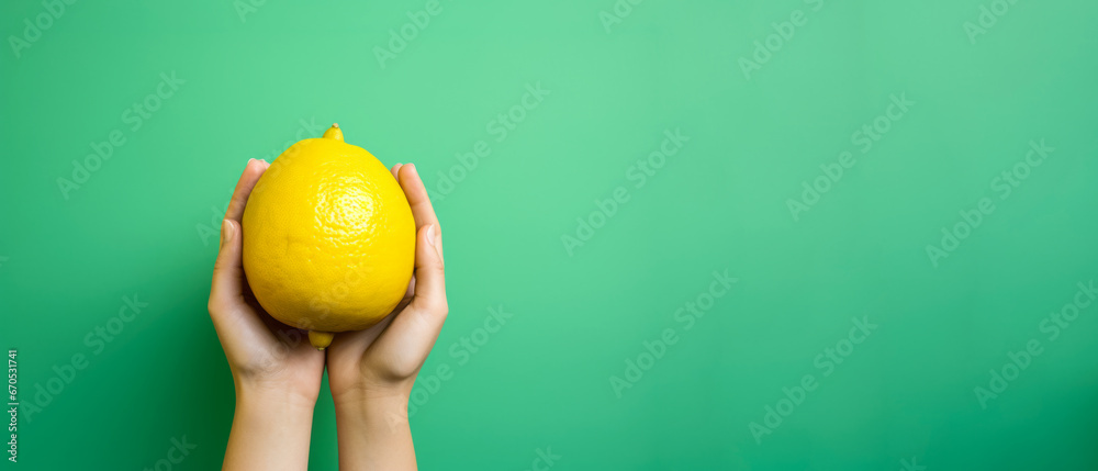 Manos de mujer sujetando un limón gigante en fondo verde. - obrazy, fototapety, plakaty 