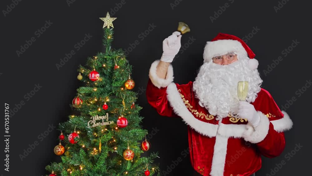 Santa Claus with a glass of sparkling wine stands next to the Christmas tree. Rings the bell on a black background. Santa Claus with a glass of sparkling wine stands next to the Christmas tree. Rings the bell on a black background.