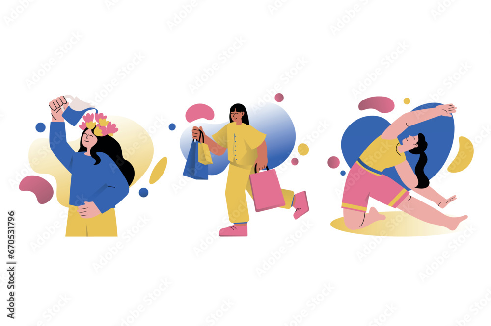 Set concept Mental health with people scene in the flat cartoon style. Girls take care of themselves, go shopping, do sports, so they need to maintain their psychological state. Vector illustration.