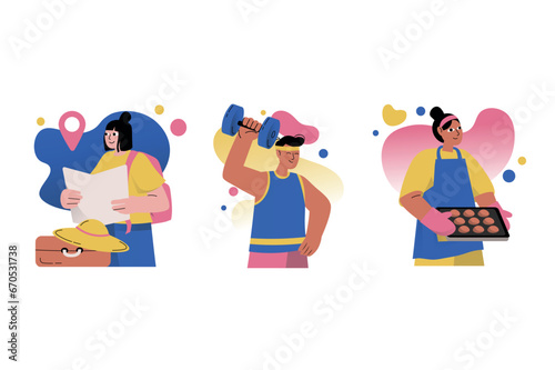 Set concept Mental health with people scene in the flat design. Boys and girls try to engage in new activities in order to self-develop and maintain their spiritual state. Vector illustration.
