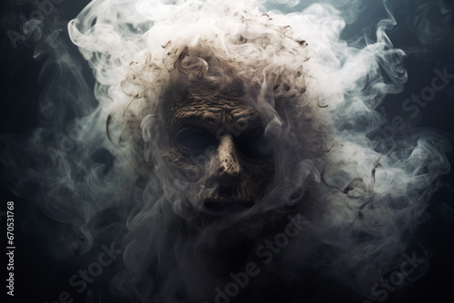 Criatura monstruo momia apareciendo entre el humo. photo
