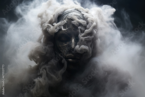 Criatura monstruo momia apareciendo entre el humo. photo
