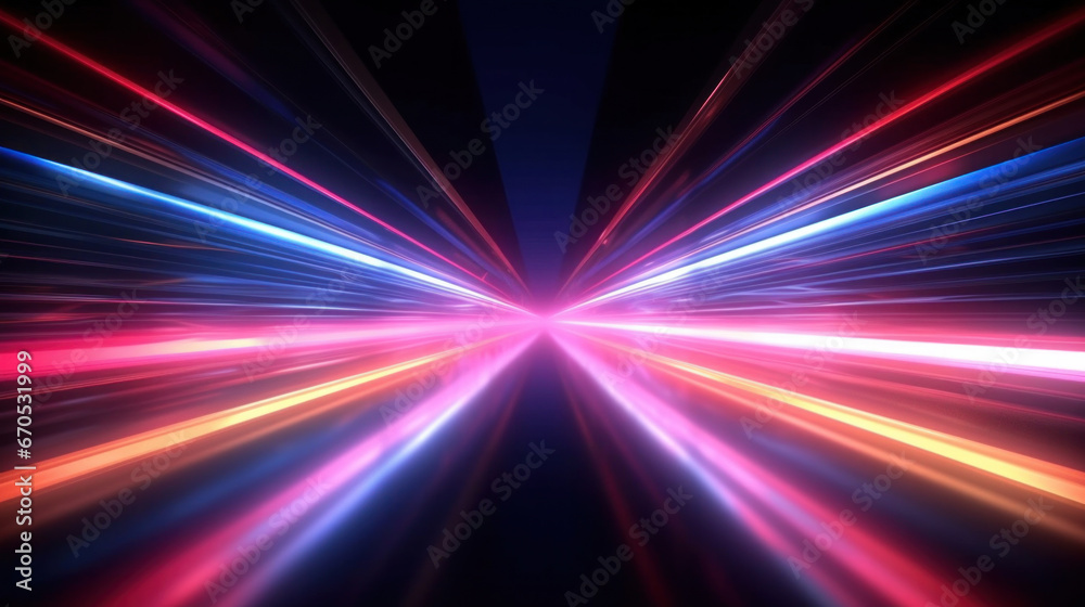 Blurred of Neon futuristic flashes on black background. Motion light lines backdrop.