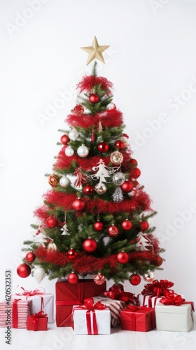 Festive Full-Body Christmas Tree with Red Decorations and Gifts, Copy Space on White Background