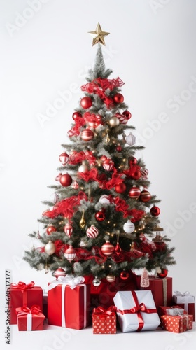 Festive Full-Body Christmas Tree with Red Decorations and Gifts, Copy Space on White Background