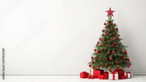 Red Adorned Christmas Tree and Gifts on White Background, Copy Space - Holiday Concept