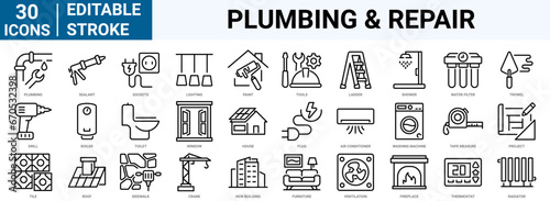 set of 30 line web icons plumbing, heating, ventilation, construction, renovation. Editable stroke. Vector illustration