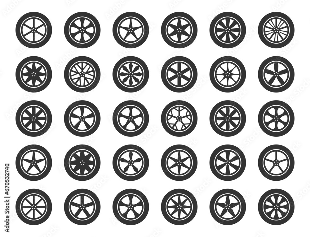 Set tires and wheels. Disc wheel car icon vector. Set tires and wheels. Disc wheel car icon vector.