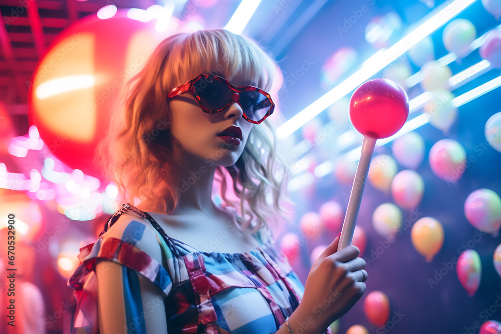 Rave girl with a lollipop on a rave party at night looking at the ...