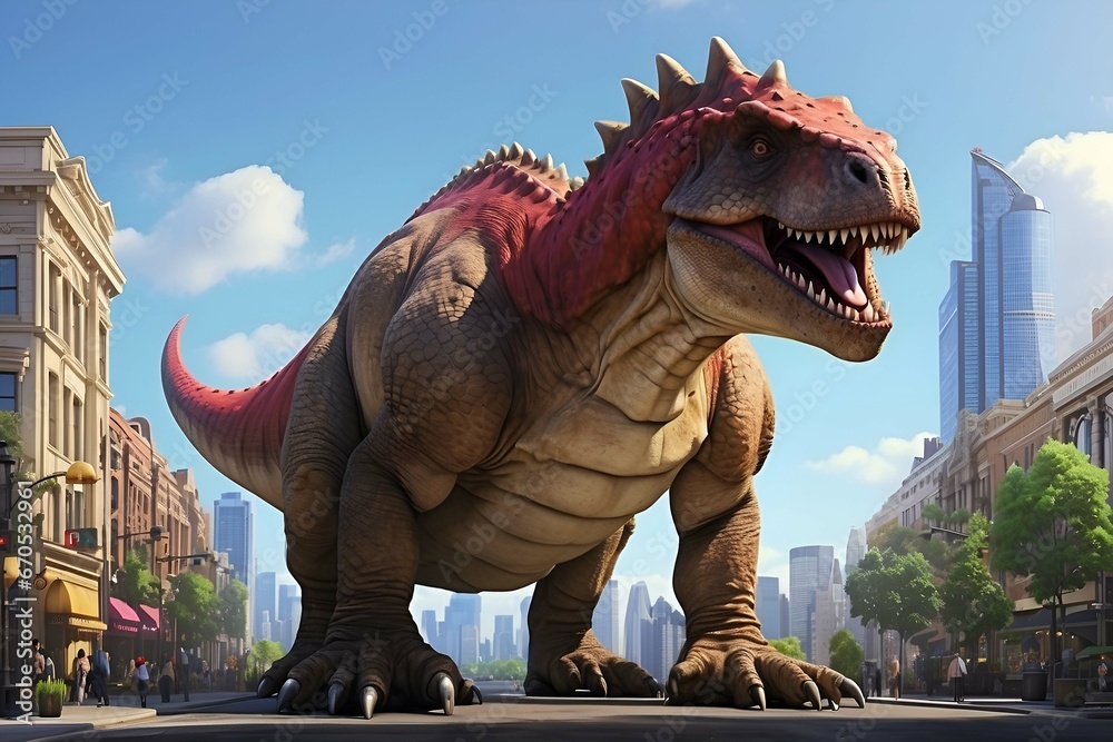 Fototapeta premium A big rex dinosaur in a city illustrations AI Generated