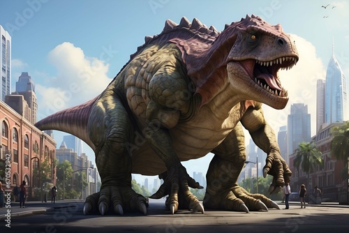 a big rex dinosaur in a city background  © Graphicexpert30