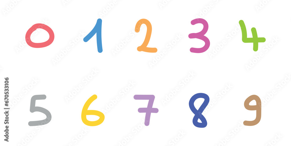 Cartoon set with different numbers 0 to 9. Zero, one, two, three, four, five, six, seven, eight, nine and ten numbers. Mathematics doodle hand writing  concept.