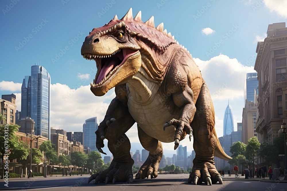 Naklejka premium A big rex dinosaur in a city illustrations AI Generated