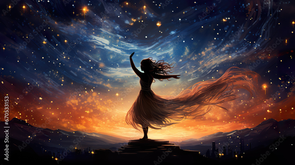 attractive dancing woman in the night, sky with stars - obrazy, fototapety, plakaty 