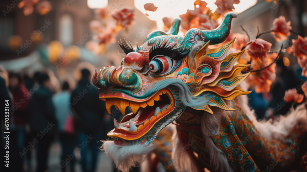 Traditional Chinese New Year celebration with a dragon on the street