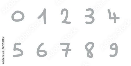 Cartoon set with different numbers 0 to 9. Zero, one, two, three, four, five, six, seven, eight, nine and ten numbers. Mathematics doodle hand writing  concept.