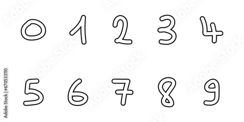 Cartoon set with different numbers 0 to 9. Zero, one, two, three, four, five, six, seven, eight, nine and ten numbers. Mathematics doodle hand writing  concept.