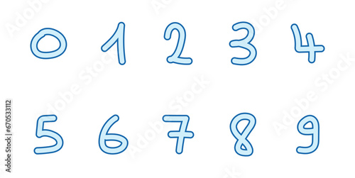 Cartoon set with different numbers 0 to 9. Zero, one, two, three, four, five, six, seven, eight, nine and ten numbers. Mathematics doodle hand writing  concept.