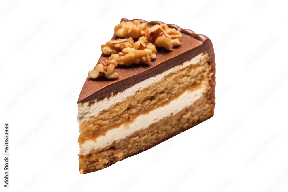 Chocolate cake slice with walnut isolated on transparent background. Chocolate cake slice with walnut isolated on transparent background.