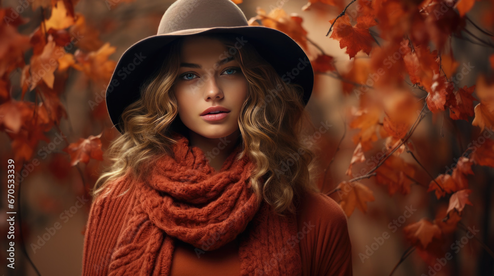 a fashionably dressed woman with a hat. autumn outfit concept