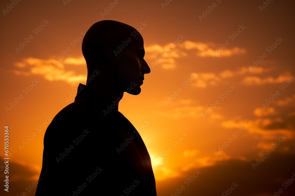 Bald man in a close-up shot, featuring a male model against a sunset with copy space