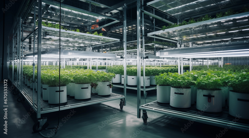 Agriculture evolves in this modern indoor farming facility, emphasizing precision and technology. Generative AI.