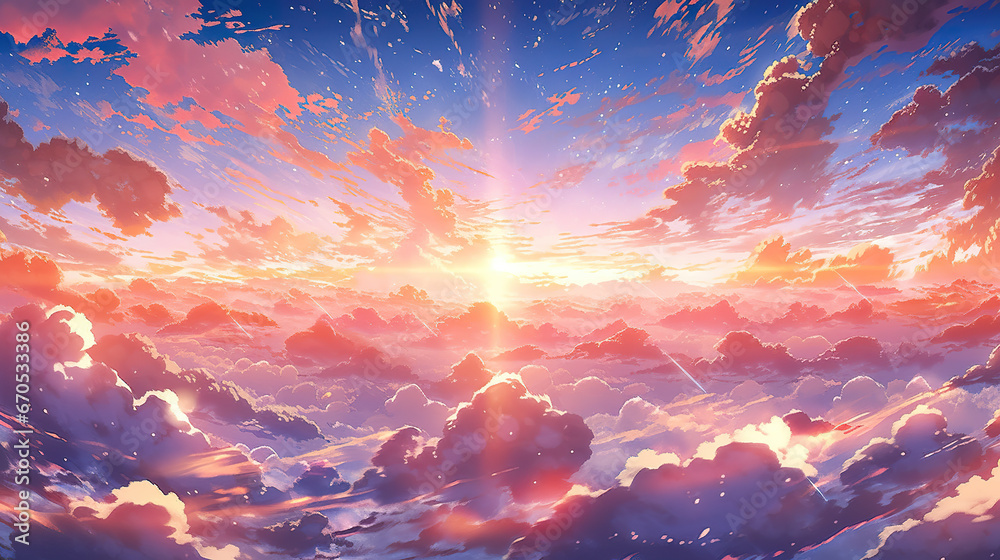 an impressive epic anime wallpaper artwork of the sun shining through the clouds, hopeful design