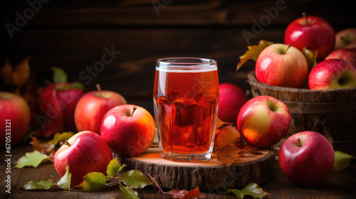 red apples in one and a glass of apple juice