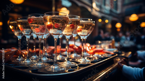 Luxurious Champagne Celebration - Multiple Glasses at Lavish Party Setting. Generative AI.